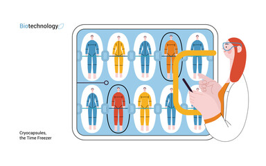 Bio Technology, Cryocapsule Time Freezer -modern flat vector concept illustration of futuristic cryocapsules resembling frozen time vaults. Metaphor of preserving life, time through cryonic technology