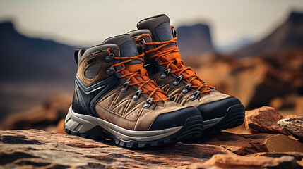 Durable Hiking Boots with Trekking Poles Leaning Against a Rocky Terrain.
