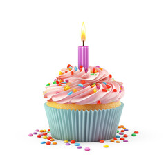 Cup cake decorated with colorful candy beans and a candle on transparent background. Generative AI