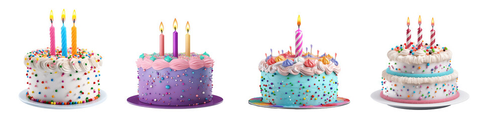 Birthday cake decorated with colorful sprinkles and candles set on transparent background. Generative AI