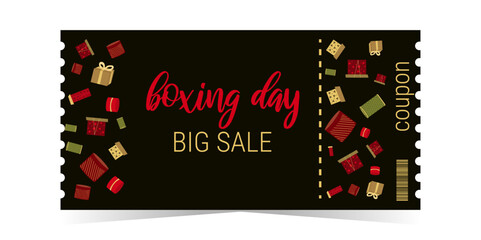 Boxing Day coupon color template layout vector. Colored gift boxes on a dark background. Gift Boxes.