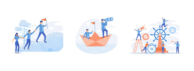 Business people climb to the top of the mountain. Businessman leader with binoculars lead business team sailing origami ship, leadership qualities in a creative team. Leadership set flat vector modern