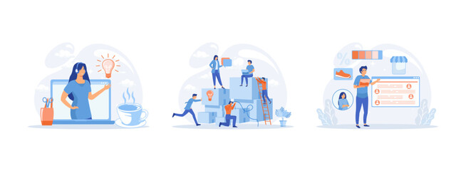 Fototapeta premium Online assistant. Searching for new ideas solutions, remote consultant helping customer during call to virtual shop. Online assistant 1 flat vector modern illustration