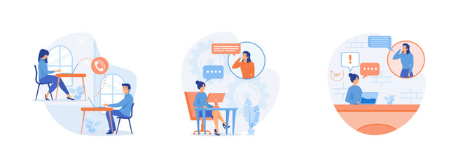 Call center, hotline. Hotline operator concept. Online global technical support 24 hours. Girl in headphones communicates with client. Hotline operator set flat vector modern illustration
