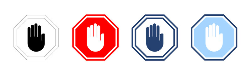 Fototapeta premium Stop icon vector. stop road sign. hand stop sign and symbol. Do not enter stop red sign with hand