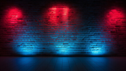 Dark brick wall and rough concrete background with neon lights and glowing lights. Lighting red and...