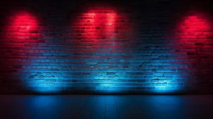 Photo sur Aluminium Mur de briques Dark brick wall and rough concrete background with neon lights and glowing lights. Lighting red and blue on bricks wall background.