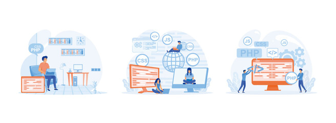 Obraz premium Young beautiful girl programmer behind a laptop and a computer, Programming courses web design, programmers coding and correct errors in project. Programmer (1) set flat vector modern illustration