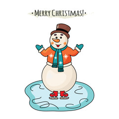 Christmas New Year card with funny cartoon snowman skating vector illustration