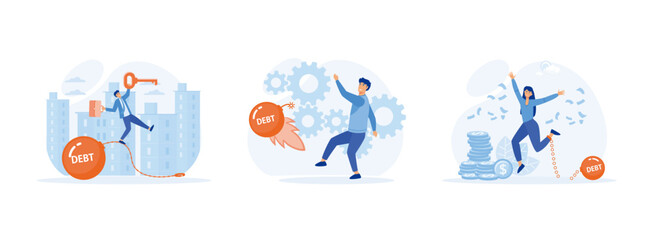 Debt free or freedom for pay off debts,  solution to solve financial problem, with victorious gesture. Debt free set flat vector modern illustration 