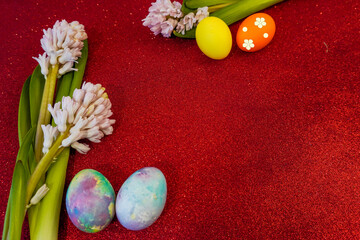 Happy easter! Flat Lay, postcard or Internet banner with Copy Space on Easter