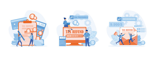 Tax optimization  deduction, Tax Refund,  Business people with online, Happy people getting paid money back. Tax Refund set flat vector modern illustration 