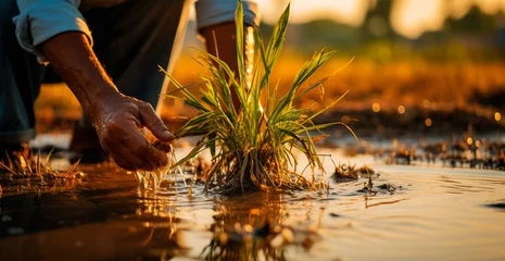 Fotobehang Rice harvesting on a plantation in Vietnam - AI generated image © BEMPhoto
