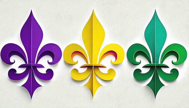  Three lily flower symbols are isolated, one purple, one green, and one yellow. White background. Generative AI.