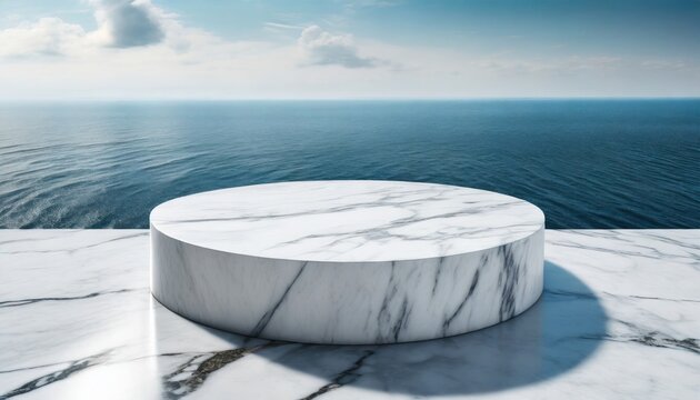 White podium made of marble, with sea view in the background. Generative AI