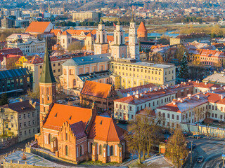 Aerial view of Kaunas old town in winter. Drone view of city center and Vytautas Magnus church