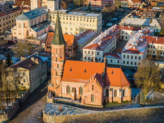 Aerial view of Kaunas old town in winter. Drone view of city center and Vytautas Magnus church