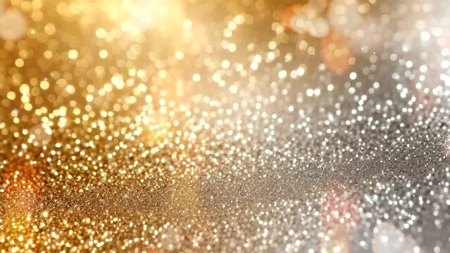 Sparkling gold and silver particles with bokeh lights on blurred background. Elegant animation with gold and silver particles background