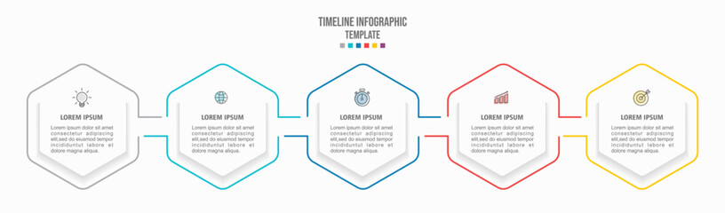 Timeline infographic with infochart. Modern presentation template with 5 option for business process. Website template on white background for concept modern design. Horizontal layout. - obrazy, fototapety, plakaty