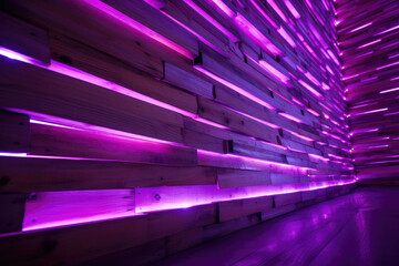 A wooden wall illuminated from below with neon purple light