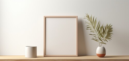 the subtlety and elegance of an empty mockup featuring a wooden frame with a minimalist design against a soft, neutral background.