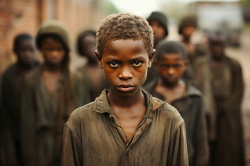 Crowd of little poor african boys in a local village of Africa - Generative AI - obrazy, fototapety, plakaty