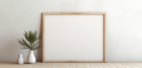 A subtle wooden frame showcasing an empty canvas against a neutral background is photographed by a camera.