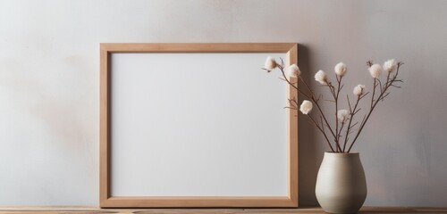 A subtle wooden frame showcasing an empty canvas against a neutral background 