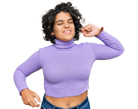 Young hispanic woman with curly hair wearing casual clothes stretching back, tired and relaxed, sleepy and yawning for early morning