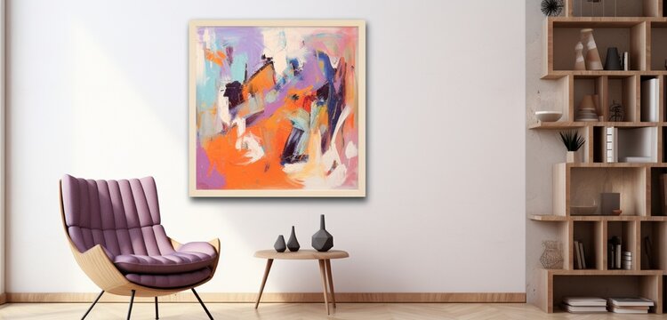 A vibrant abstract painting within a wooden frame adorns a beige wall. The canvas is empty, waiting for inspiration.