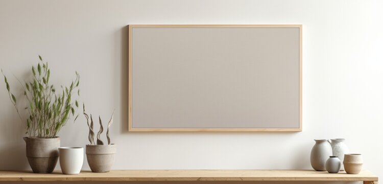 A wooden frame with an empty canvas is photographed by a camera, creating a tranquil ambiance against a neutral backdrop. The empty mockup sets a serene atmosphere, inviting peaceful contemplation.