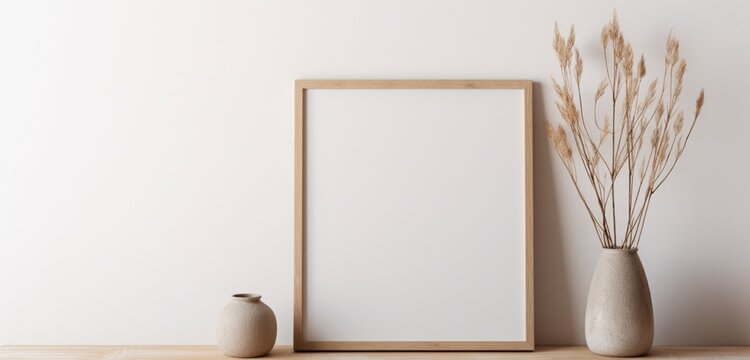 A wooden frame with an empty canvas is photographed by a camera, creating a tranquil ambiance against a neutral backdrop. The empty mockup sets a serene atmosphere, inviting peaceful contemplation.