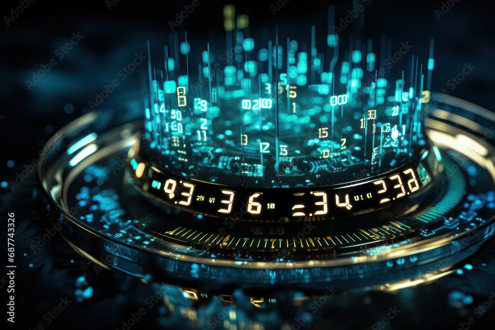 Poster a digital clock display transforming into binary code, illustrating the fusion of modern technology 