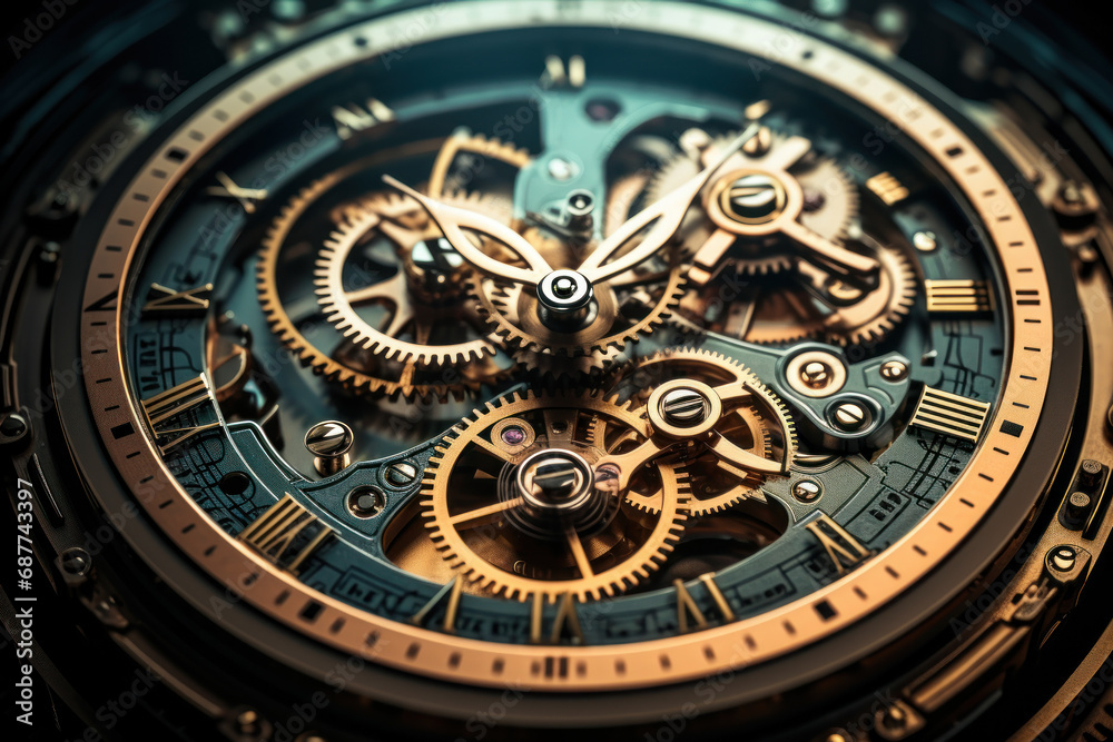 Poster a clock face comprised of interconnected gears and clockwork mechanisms, emphasizing the precision a