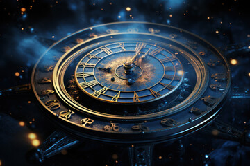 Naklejka premium A celestial scene with stars arranged in the shape of a clock, showcasing the cosmic dance of time. Concept of time in the universe. Generative Ai.