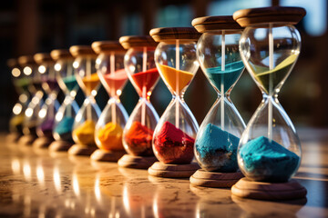A cluster of hourglasses of various sizes, each containing a different colored sand, portraying the diversity of experiences within time. Concept of temporal diversity. Generative Ai.