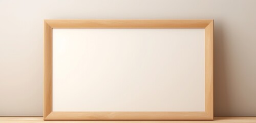 An empty mockup of a wooden frame featuring a modern abstract concept on a beige wall is observed. 