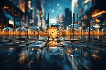 A series of transparent clocks overlaid on an abstract cityscape, portraying the urban rhythm intertwined with the ticking of time. Concept of temporal urbanism. Generative Ai. - obrazy, fototapety, plakaty
