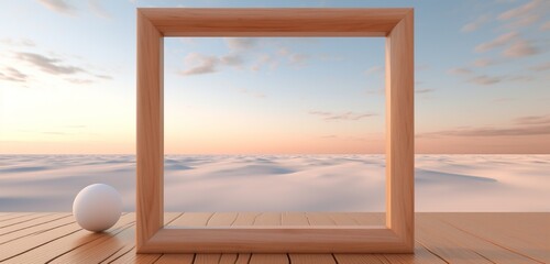 An empty mockup of a wooden frame, conceived with a modern digital art concept, as captured by a camera.