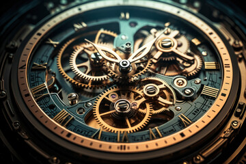 Fototapeta na wymiar A clock face comprised of interconnected gears and clockwork mechanisms, emphasizing the precision and coordination of time. Concept of temporal machinery. Generative Ai.