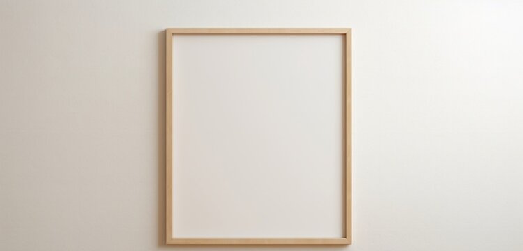 Abstract digital art displayed in an empty wooden frame against a beige background. Minimalist and artistic mockup. Empty mockup.