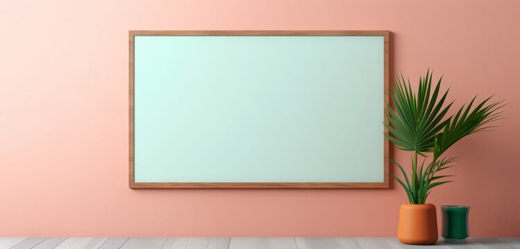 Abstract digital art displayed in an empty wooden frame against a soft pastel wall, offering a unique and artistic mockup. Empty mockup.
