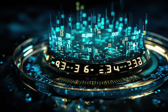 A digital clock display transforming into binary code, illustrating the fusion of modern technology with the essence of time. Concept of digital temporality. Generative Ai.