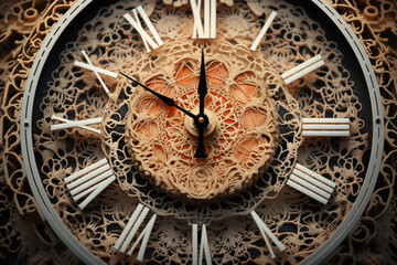 A clock face made of intricate lace patterns, symbolizing the delicate and intricate nature of time. Concept of temporal delicacy. Generative Ai.