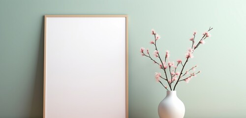 An empty wooden frame, set against a soft pastel backdrop, as captured by a camera. The simple and...