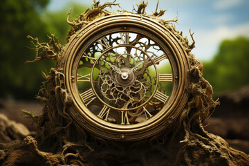 Fototapeta na wymiar A clock face made of intertwined roots and branches, illustrating the deep-rooted connection of time with nature and growth. Concept of temporal ecology. Generative Ai.