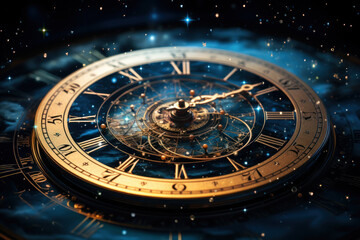 Naklejka premium A clock face created from interconnected cosmic constellations, representing the vast and timeless nature of the universe within time. Concept of cosmic temporality. Generative Ai.