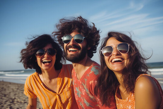 friends on the beach laughing and posing for the camera. Generative AI