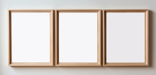 Blank wooden frame casting a shadow on a neutral wall, creating a versatile space for creative inspiration and visual storytelling. Empty mockup.
