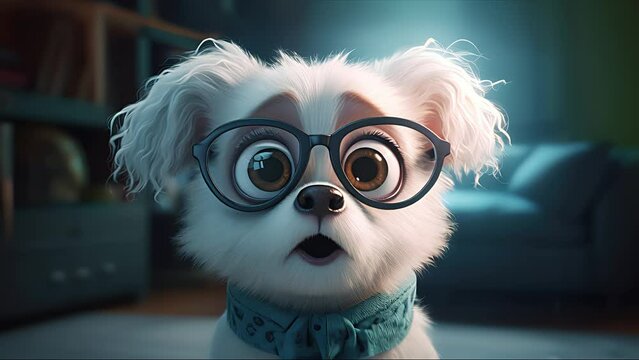 cute small white dog wearing glasses. Created with Generative AI.